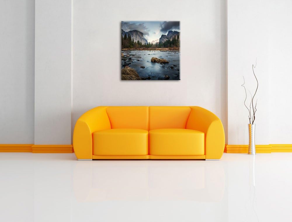Seichter Fluss im Herbst, Format: 70x70 auf Leinwand, XXL riesige Bilder fertig gerahmt mit Keilrahm
