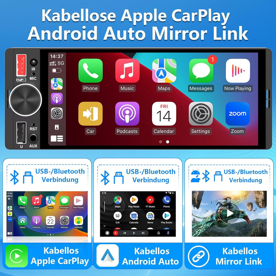 6,36 Zoll 1 Din Autoradio mit Drahtlosem CarPlay & Android Auto, Bluetooth, Full-Touch-Display FM, D