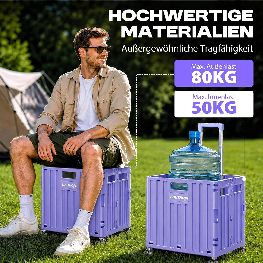 LDHTHOPI Einkaufstrolley klappbar, Violett, 65L, MAX 50KG | Teleskopgriff, 4 zerlegbare drehbare Räd