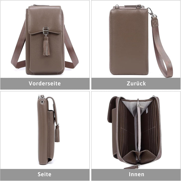 Pearl Angeli Weiches Echtes Leder Handy Umhängetasche - Handytasche Geldbörse Damen RFID Schutz klei