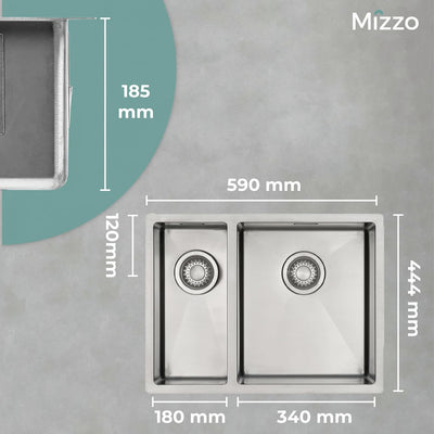 MIZZO Edelstahlspüle 18+34x40cm | Küchenwaschbecken 1.5 Becken | Spülbecken ab 60er Schrank | Einbau