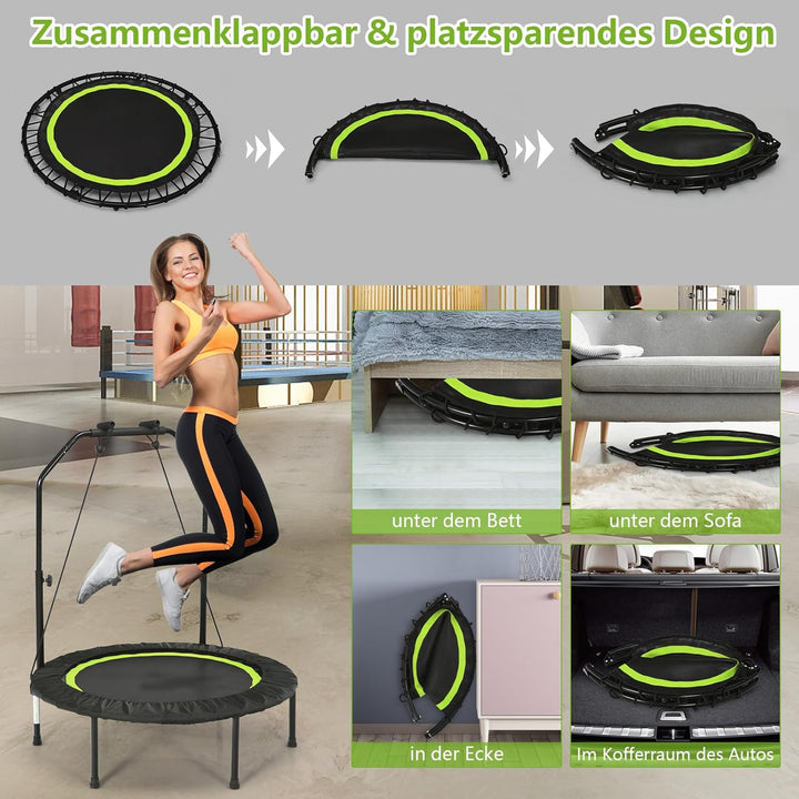 GOPLUS Fitnesstrampolin Indoor, φ101cm Mini Trampolin mit verstellbarem Griff, Bodentrampolin klappb