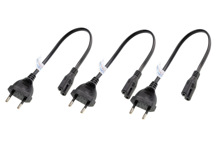Dreierpack kurzes Netzkabel (Stromkabel mit Euro-Flachstecker auf Euro-8-Buchse). schwarz. 30cm.