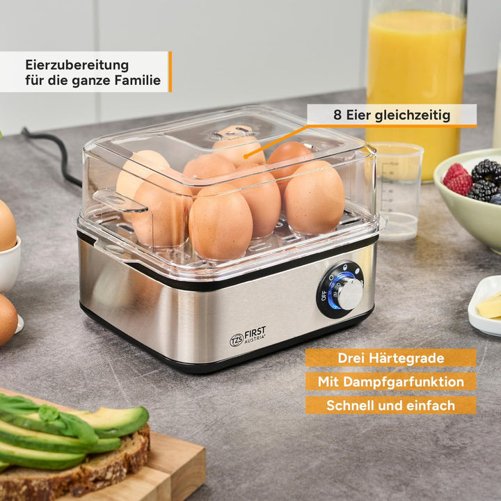 TZS First Austria Elektischer Eierkocher, 8 Eier, Messbecher, 500W, Edelstahl, Kontrollanzeige, Aufw