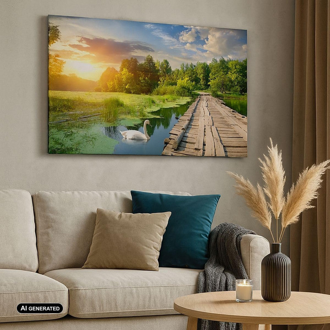 Bilder auf Leinwand 100x70cm Leinwandbild Architektur Promenade Schwan Landschaft Gross Wanddeko Bil