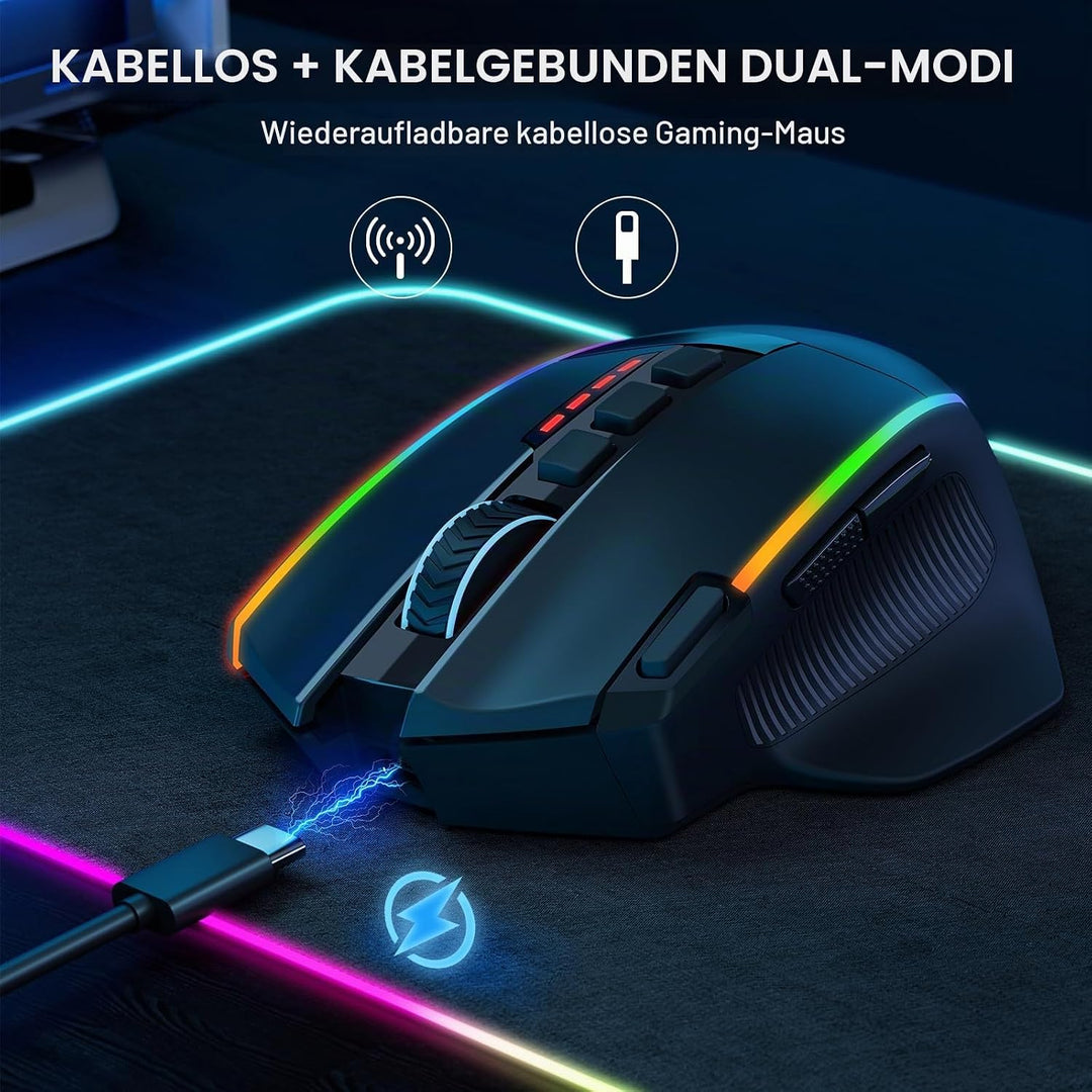 Redragon Gaming Maus Kabellose, 16000 DPI, 2.4G/USB-C Wireless Mouse, 9 Programmierbare Tasten, Wied