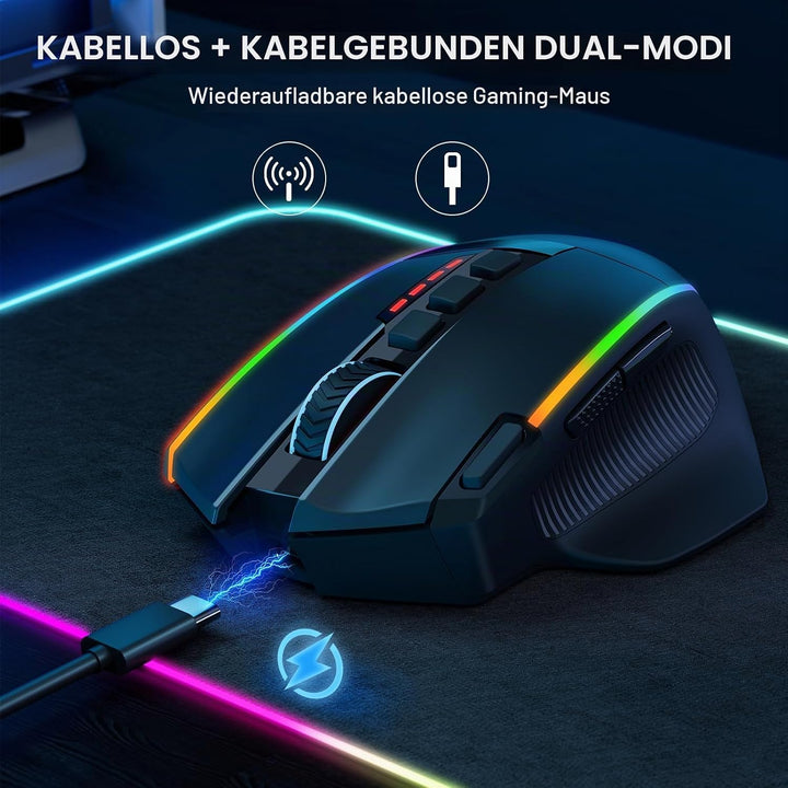 Redragon Gaming Maus Kabellose, 16000 DPI, 2.4G/USB-C Wireless Mouse, 9 Programmierbare Tasten, Wied