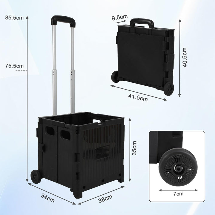 Einkaufstrolley Klappbar 45L, Faltbare Einkaufskiste mit Deckel, 2 Rollen & höhenverstellbarem Teles