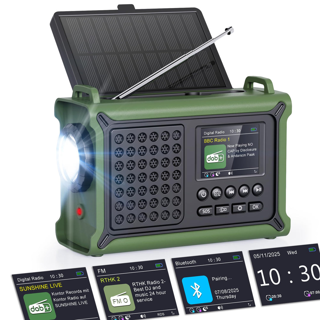 ROCAM Tragbares DAB+ Radio mit Bluetooth, 12000mAh Kurbelradio mit 8500mm² Solarpanel & 650mA Kurbel
