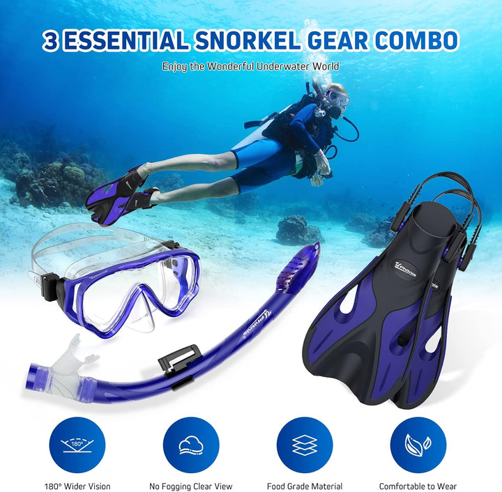 UPhitnis Schnorchelset Kinder mit Flossen,Anti-Fog 180°Panorama Taucherbrille Kinder, Verstellbaren