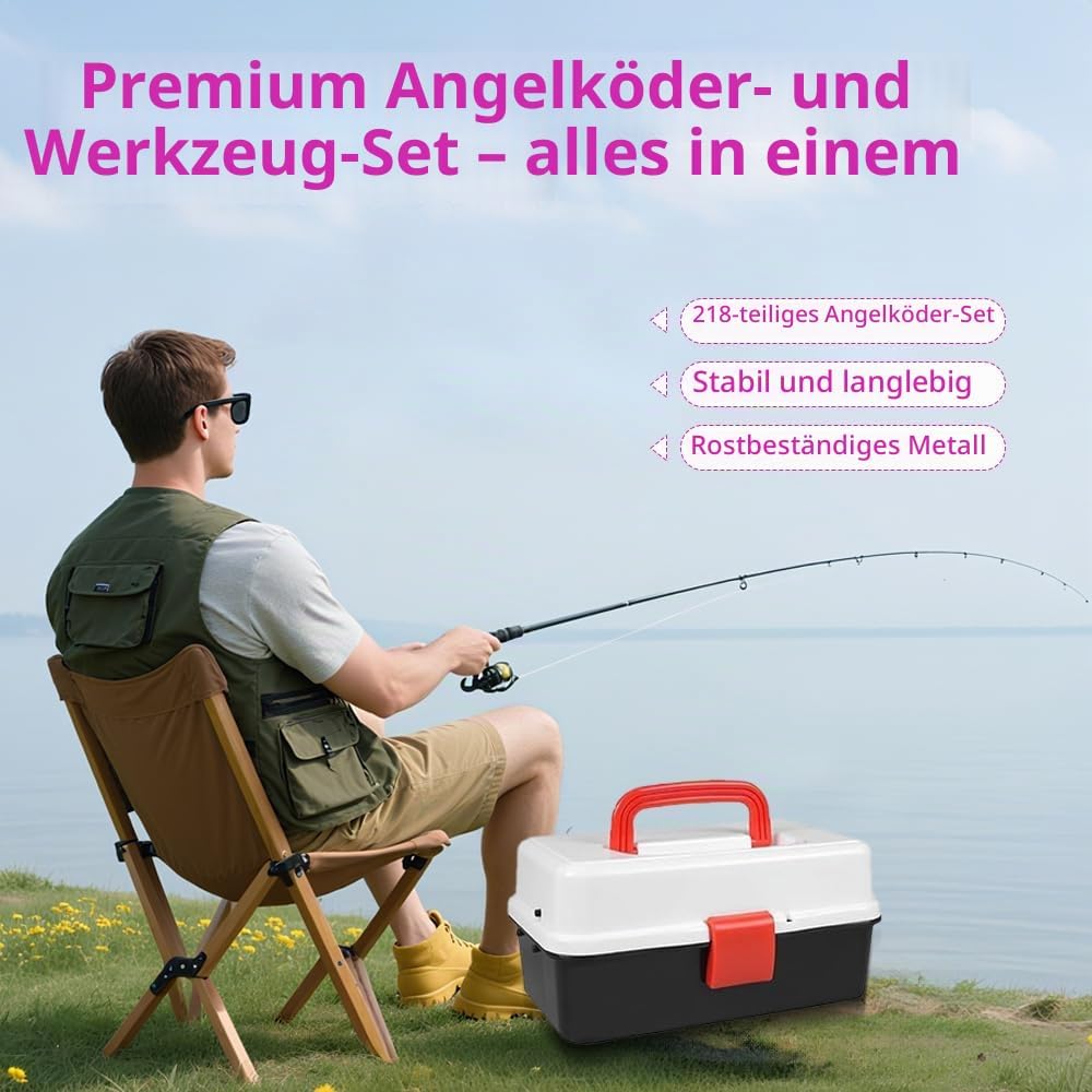Angelzubehör Set, Angelkoffer mit Zubehör, 218 PCS Angel Köder Set mit Haken, Angelköder, Angelausrü