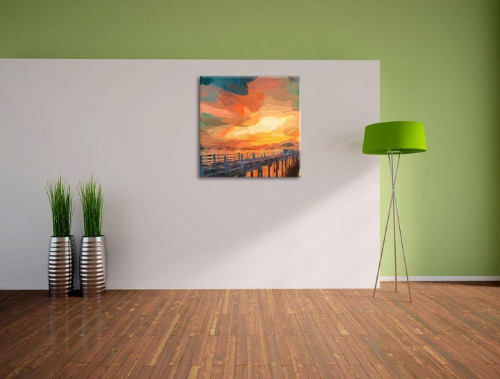 Pixxprint romantischer Steg ins Meer bei Sonnenuntergang Pinsel Effekt, Format: 70x70 auf Leinwand,