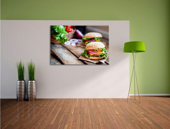 Pixxprint Leckere Burger, Format: 100x70 auf Leinwand, XXL riesige Bilder fertig gerahmt mit Keilrah