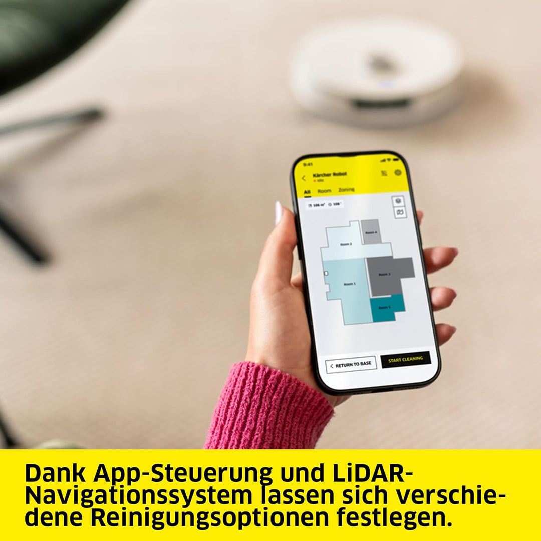 KÄRCHER RVM 4 Comfort Extra Saugwischroboter mit rotierenden anhebbaren Mopp-Scheiben, 15.000 Pa, Li