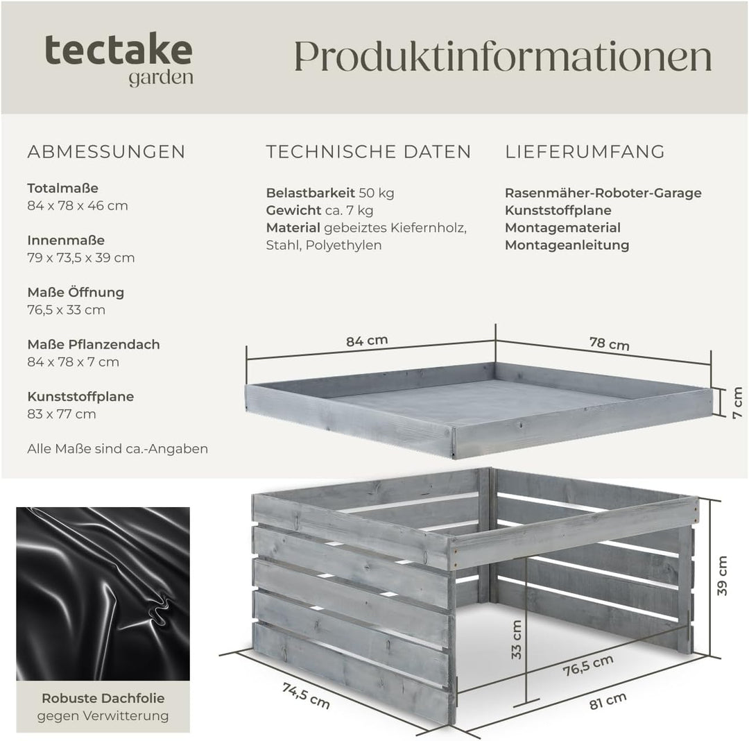 tectake® Mähroboter Garage, Holz Unterstand für Rasenmähroboter, mit Pflanzkasten, wetterfest, Rasen