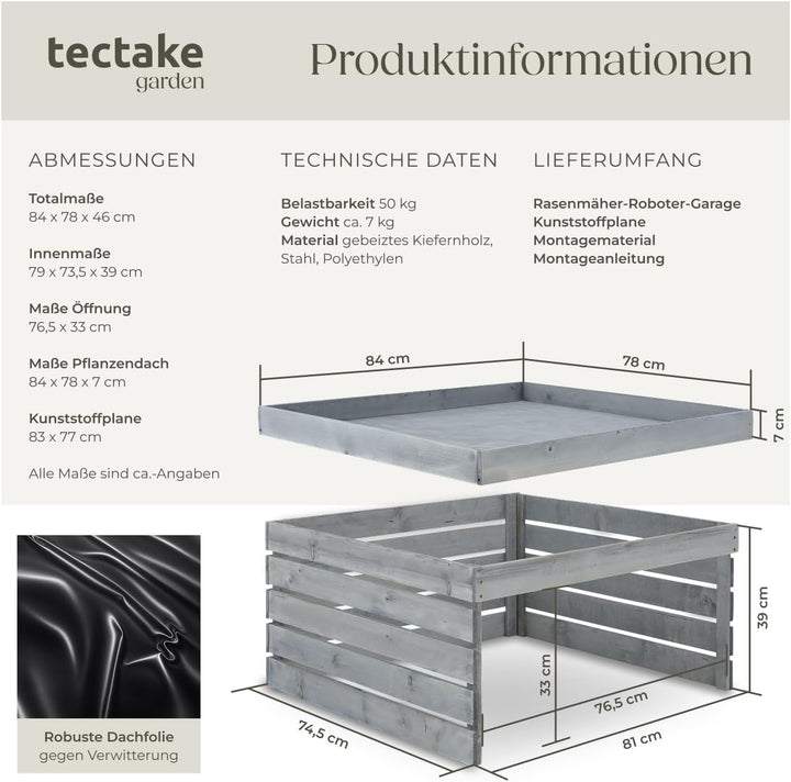 tectake® Mähroboter Garage, Holz Unterstand für Rasenmähroboter, mit Pflanzkasten, wetterfest, Rasen