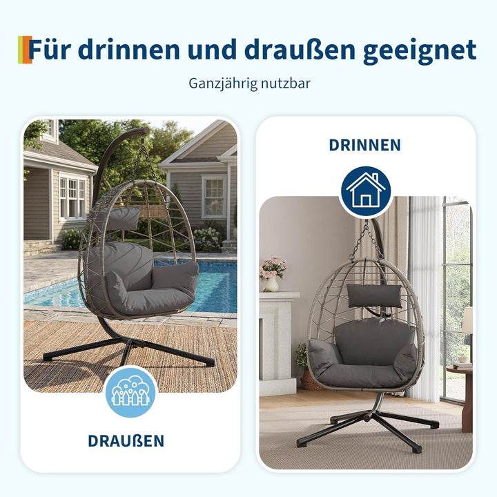 Hängesessel mit Gestell Outdoor bis 150 kg belastbar, Rattan Hängesessel mit Metallgestell, ideal al