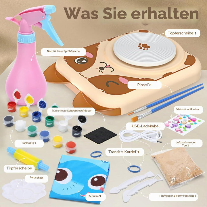 Skirfy Töpferset für Kinder, Töpferscheibe Elektrisch für Kinder, Mini Töpferscheibe mit Töpferton,T