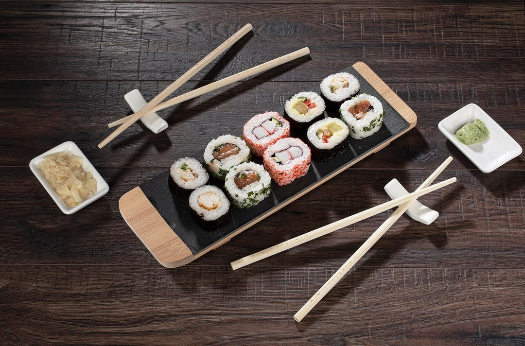 hochwertiges Sushi Set Bambus Schiefer Keramik Essstäbchen Saucen Schalen