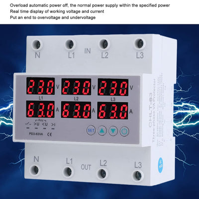 3-Phasen-DIN-Schienen-Voltmeter-Leistungsmesser, AC 390‑500 V Digital-Amperemeter Automatischer Über