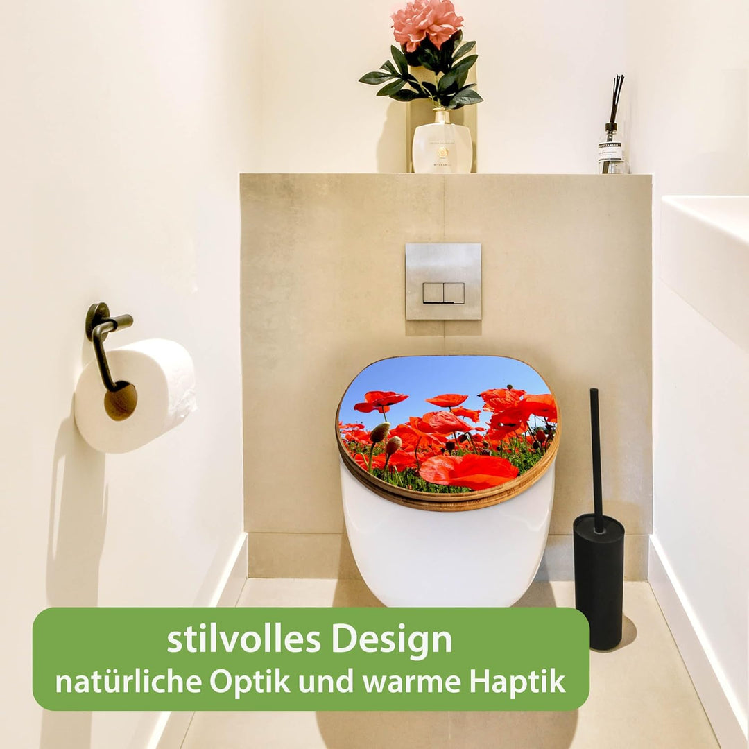 banjado® Design WC Sitz Bambus Absenkautomatik mit Motiv Mohnblumen/Toilettendeckel mit Absenkautoma