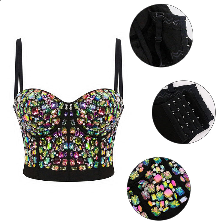 Naimo Damen Sexy Strass Bustier Push Up Crop Top Korsett BH Glitzer Kristall Tank Top Cami Weste Par