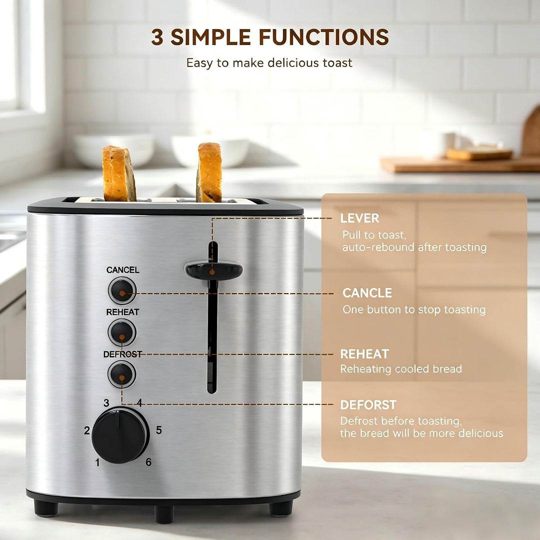 KitchenBoss Edelstahl Toaster 2 Scheiben：Toaster mit 6 Bräunungsstufen | Brötchenaufsatz, Abschaltau