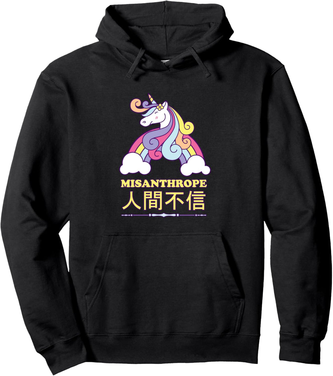 Unicorn Cute Misanthrope Japanese Kanji Pullover Hoodie
