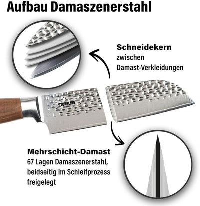 STONELINE Hammerschlag Damastmesser Santoku Messer extrem scharfe 16,5 cm Klinge aus 67 Lagen, Damas