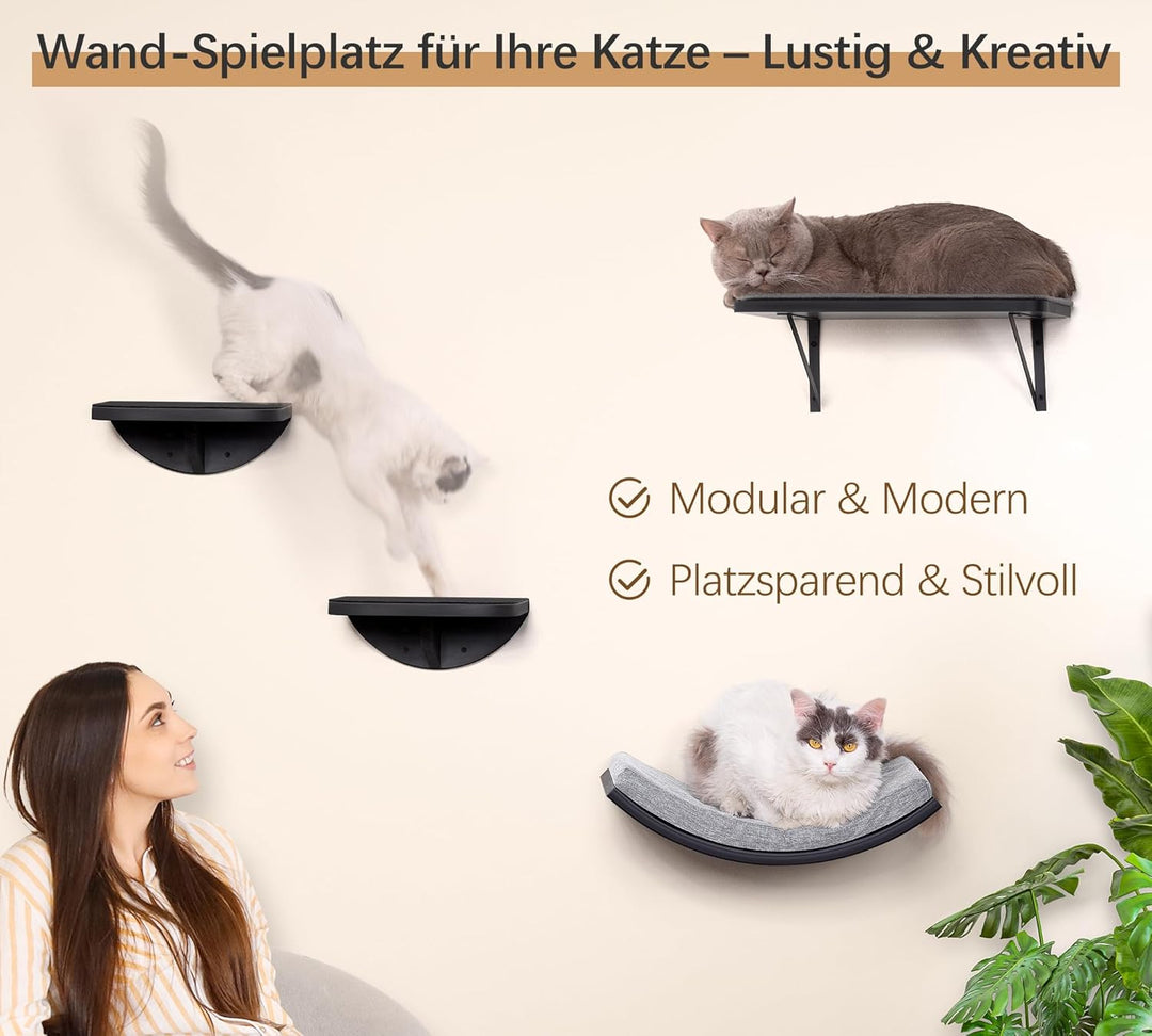 Gebogenes Katzen-Wandregal, Katzen Kletterwand mit Schaumstoffmatte, Wandmontiertes Massivholz Katze
