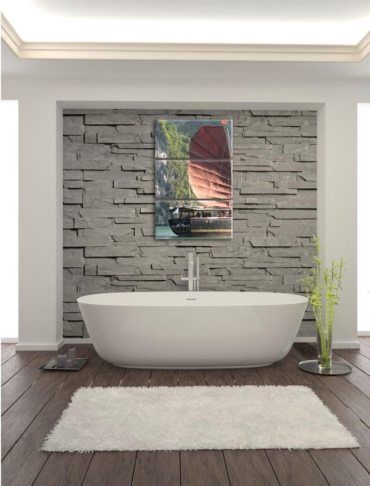 Pixxprint Segelschiff im Sonnenuntergang 3Teiler 120x80 cm Leinwandbild Wandbild Kunstdruck