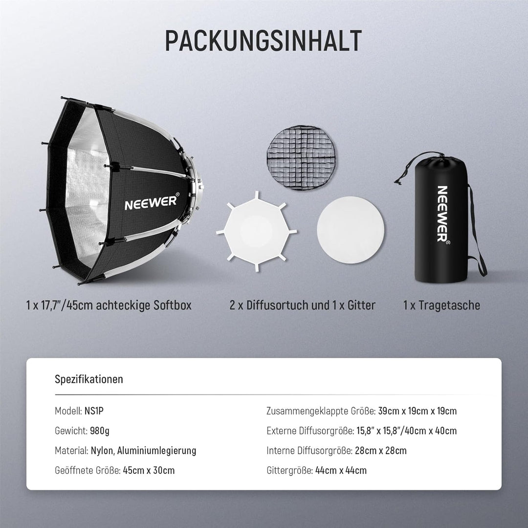 NEEWER 45cm Octagon Softbox Bowens Halterung, Schnellverschluss Achteckige Softbox, Diffusoren/Waben