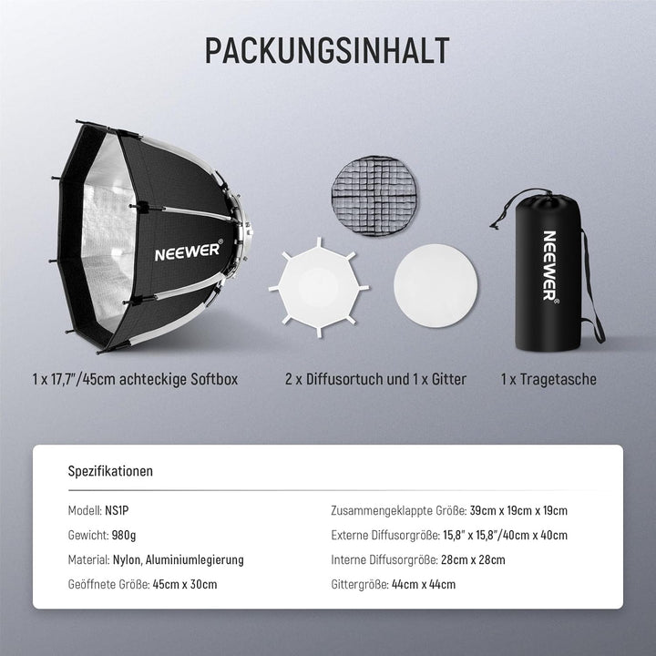 NEEWER 45cm Octagon Softbox Bowens Halterung, Schnellverschluss Achteckige Softbox, Diffusoren/Waben