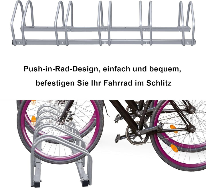 Fiqops Fahrradständer für 5 Fahrräder, 35-55 mm Reifenbreite, Mehrfachständer Aufstellständer Bodenp