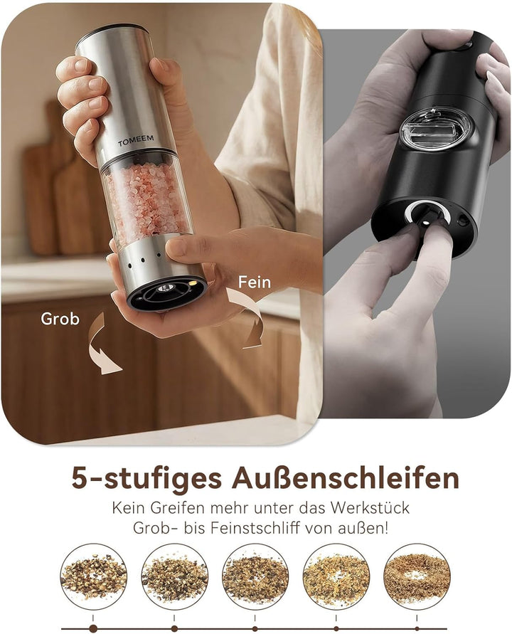 TOMEEM Elektrisches Salz- und Pfeffermühlen-Set, Type-C wiederaufladbar, LED-Akkuanzeige, Edelstahl-