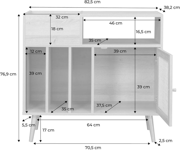 Schallplattenschrank mit Rohrgeflecht und Holzdekor Bohème, 1 Tür und 4 Fächer