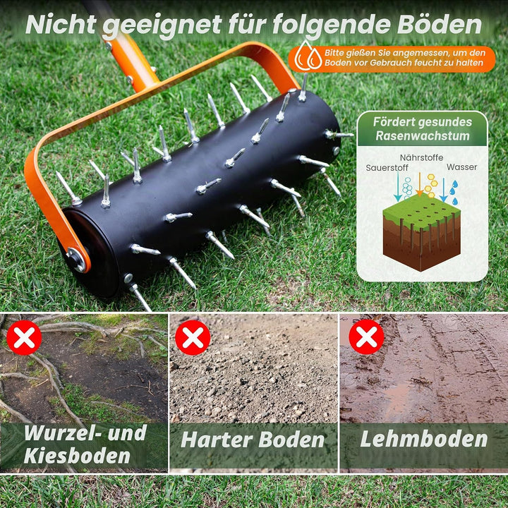 Walensee Rasenlüfter Walze, Robuster Rollender Rasenbelüfter mit 42 Stahlspikes & Verstellbarem Grif