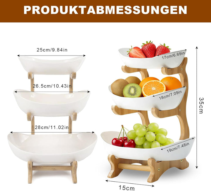 Keramik Obst Etagere mit 3 Etagen, Obstschale Modern Weiss mit Natürliche Bambus Steher, Platzsparen