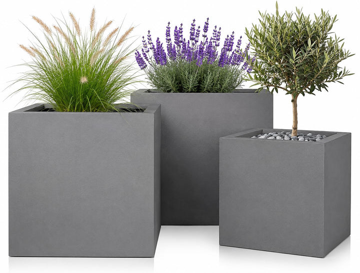 Pflanzwerk® Pflanzkübel Fiberglas Cube Grau 3er-Set 23cm + 28cm + 34cm *Frostbeständig* *UV-Schutz*