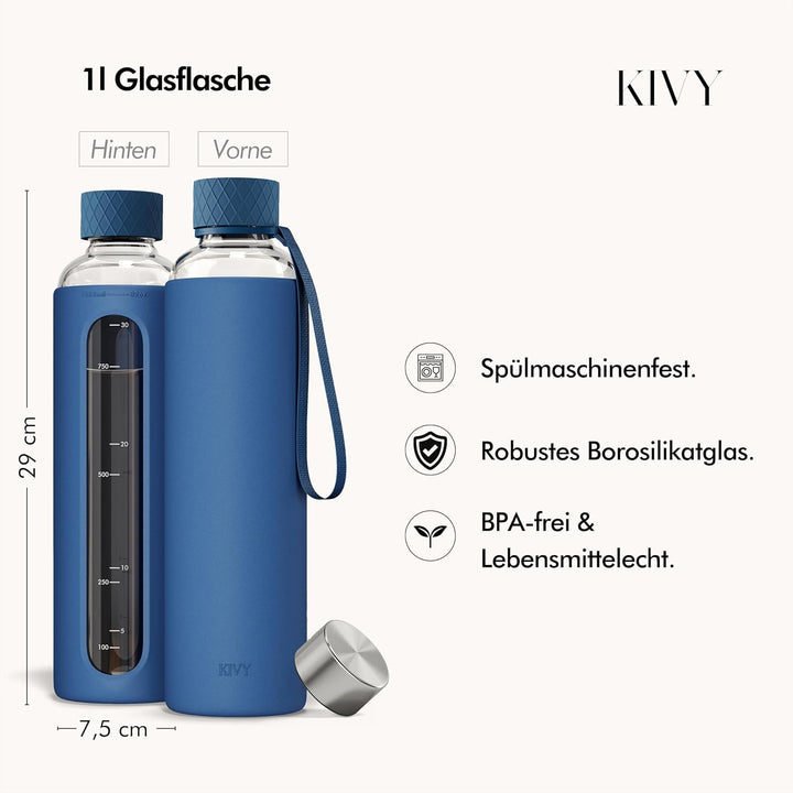 KIVY Glas Trinkflasche 1l mit Silikonschutz [KOHLENSÄURE GEEIGNET] Glasflasche 1 Liter - Wasserflasc