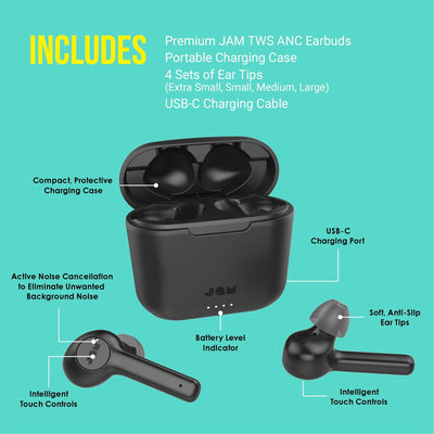 Jam Audio Bluetooth Kopfhörer In-Ear, Aktive Geräuschunterdrückung, In Ear Kopfhörer Bluetooth, 32 S