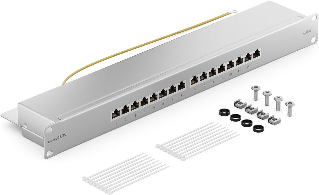 deleyCON CAT 6 Patchpanel Verteilerfeld 16 Port - Desktop 19" Zoll Rackeinbau Servermontage - RJ45 -