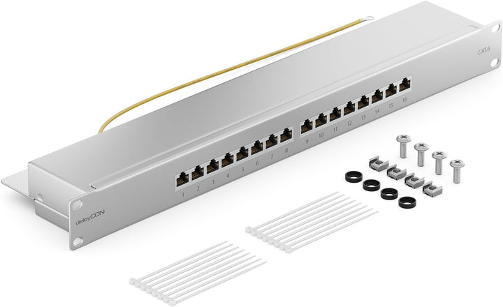 deleyCON CAT 6 Patchpanel Verteilerfeld 16 Port - Desktop 19" Zoll Rackeinbau Servermontage - RJ45 -