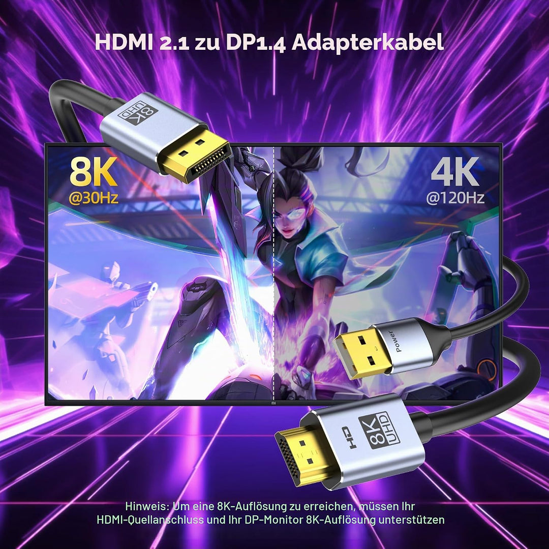 4K@144Hz HDMI 2.1 auf DisplayPort 1.4 Kabeladapter (1,8 m), 4K120Hz/8K unidirektionales aktives HDMI