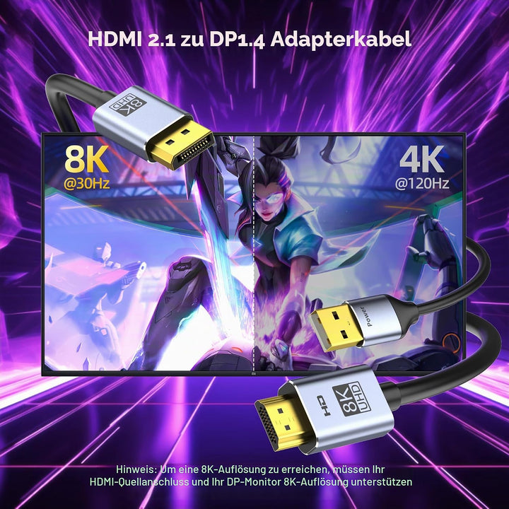 4K@144Hz HDMI 2.1 auf DisplayPort 1.4 Kabeladapter (1,8 m), 4K120Hz/8K unidirektionales aktives HDMI