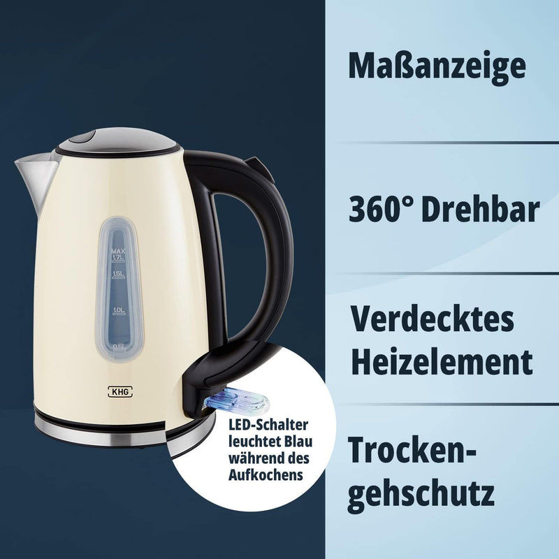 KHG Wasserkocher WK-1707 (CE) Creme, 1,7l Kapazität, Edelstahl Chrom, LED Leuchte, Wasserstandanzeig