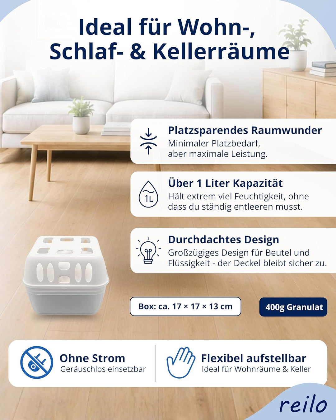 24x 400g reilo Raum- Luftentfeuchter Granulat im Vliesbeutel - Nachfüllpack, 24
