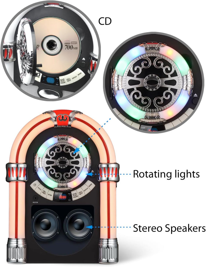 Retro Jukebox Musikbox mit CD-Spieler, Musikanlage Nostalgie Design, Bluetooth, Vintage FM/UKW Radio