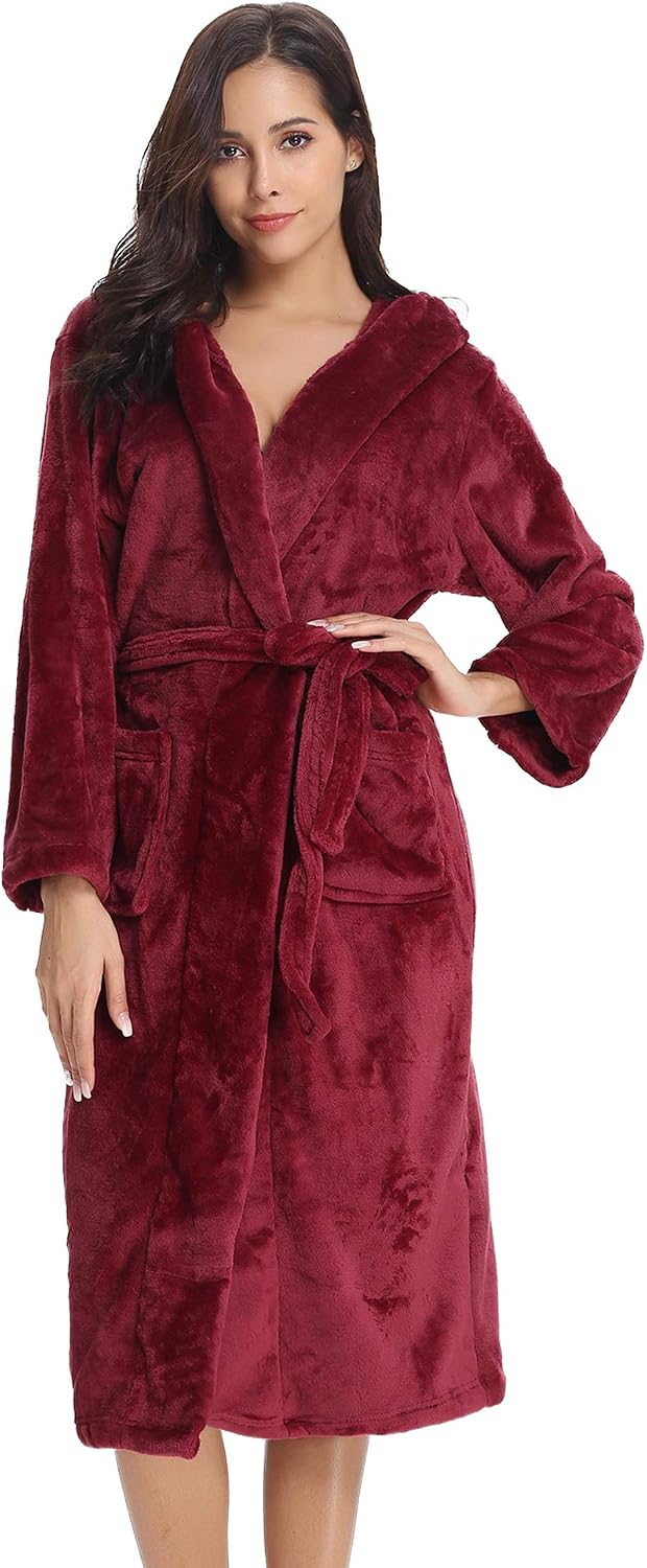 Vlazom Damen Winter Bademantel Flanell mit Kapuze Langärme Morgenmantel Saunamantel Flauschiger Robe
