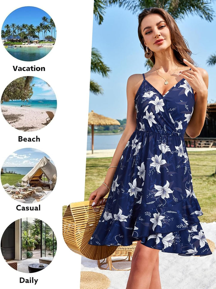 ULTRANICE Damen Sommerkleider Blumenmuster Kleid V-Ausschnitt Strandkleid Verstellbaren Spaghettiträ